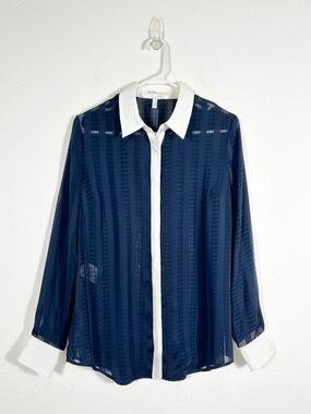 BCBGeneration Navy Sheer Striped Blouse with Contrast White Collar & Cuffs